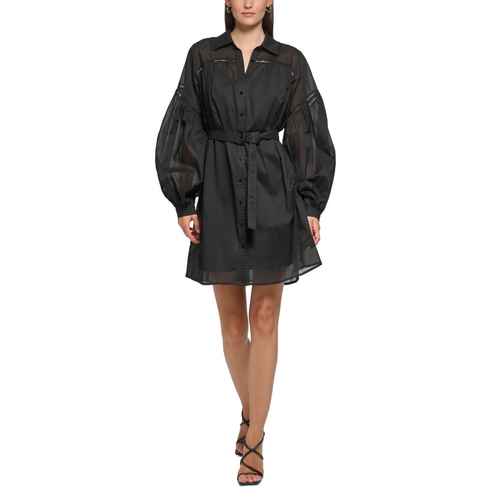 KARL LAGERFELD Pairs Women Size 10 Black Voile Shirt Dress Balloon Sleeve Belted